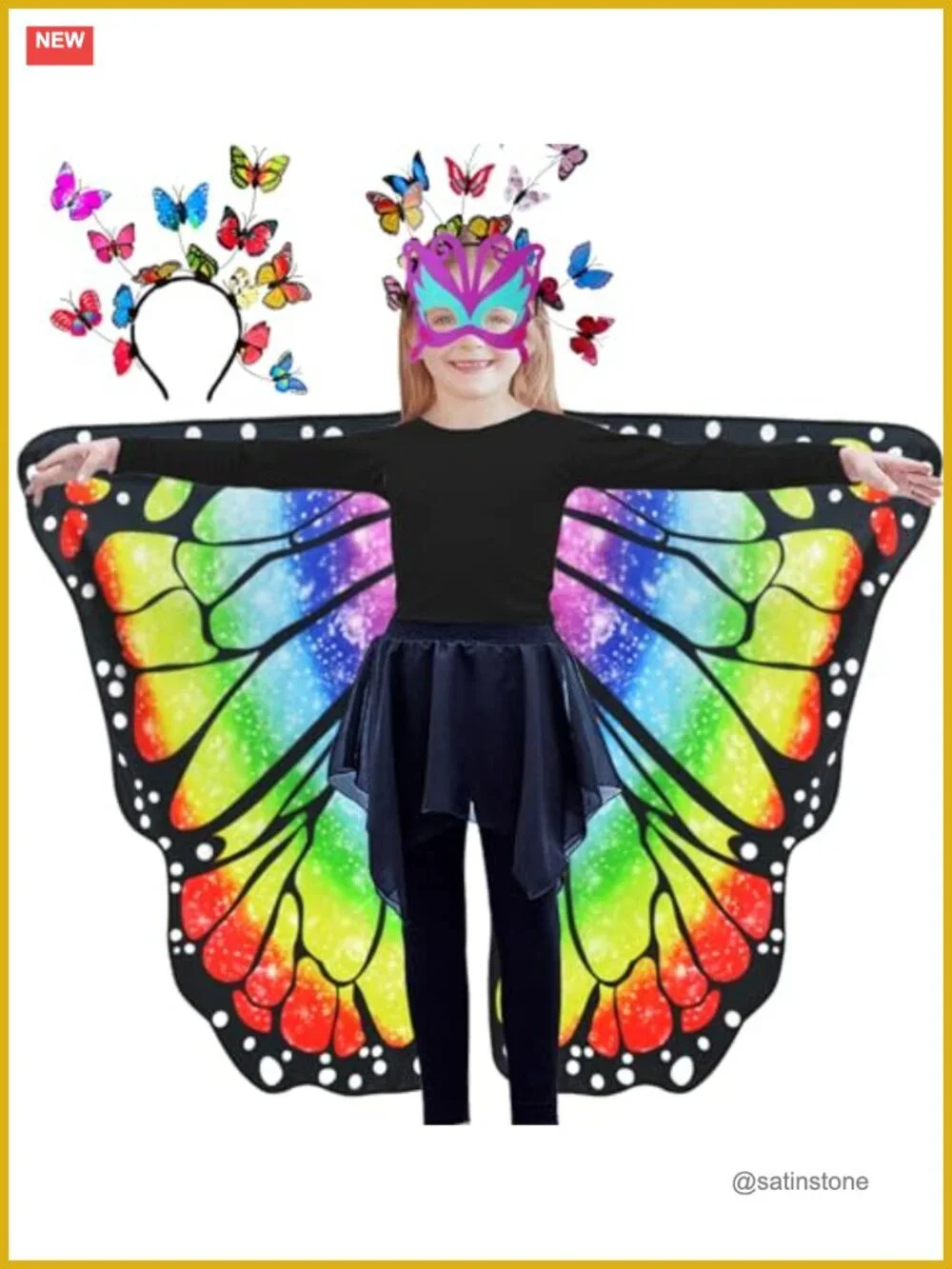 Girls Butterfly Wings Costume Dress-Up 3 Piece Set with Headband & Mask